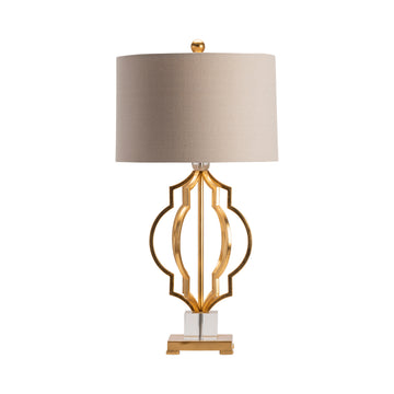 neutral-toned linen table lamp in a farmhouse contemporary bedroom setting