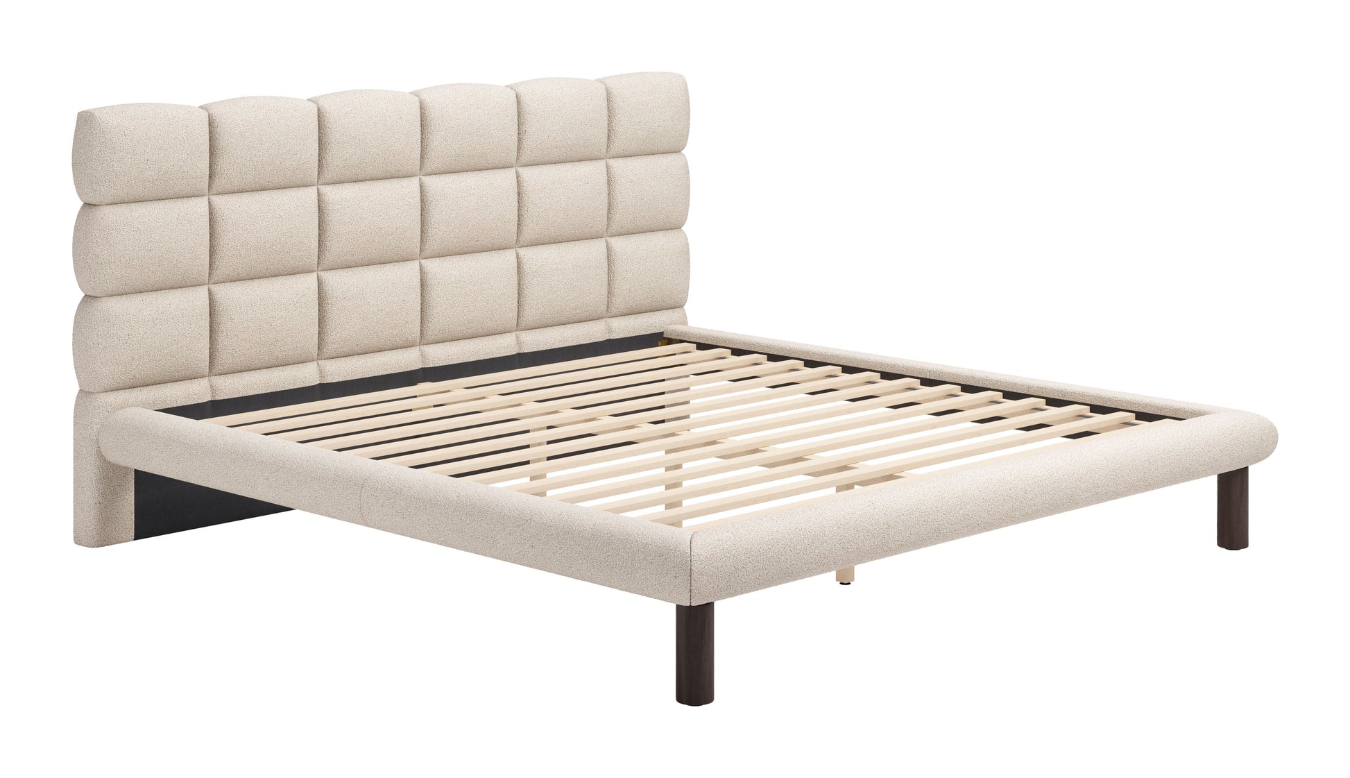 warm-toned brushed metal bed frame styled in a mid-century minimalist entryway