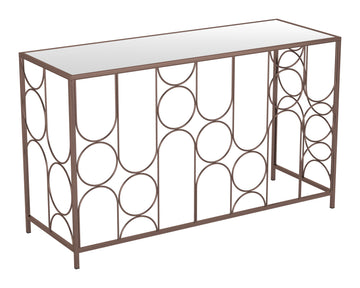 cream brushed metal console table styled in a contemporary minimalist entryway
