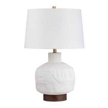 white brushed table lamp in a farmhouse contemporary bedroom setting