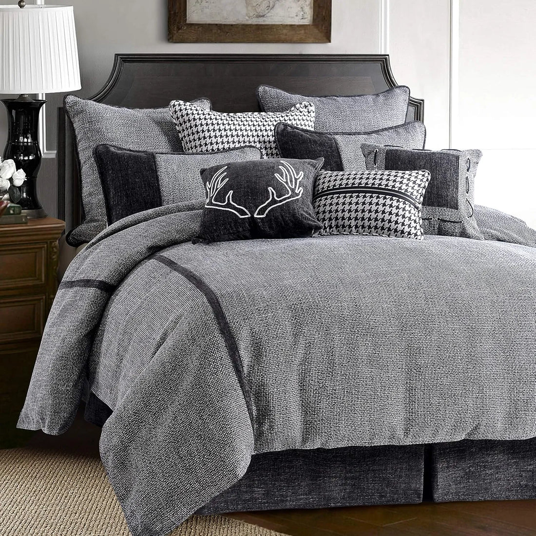 walnut linen bed frame styled in a minimalist elegant dining room