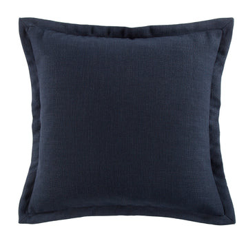 Navy blue linen blend euro sham with a flanged edge in a modern bedroom setting