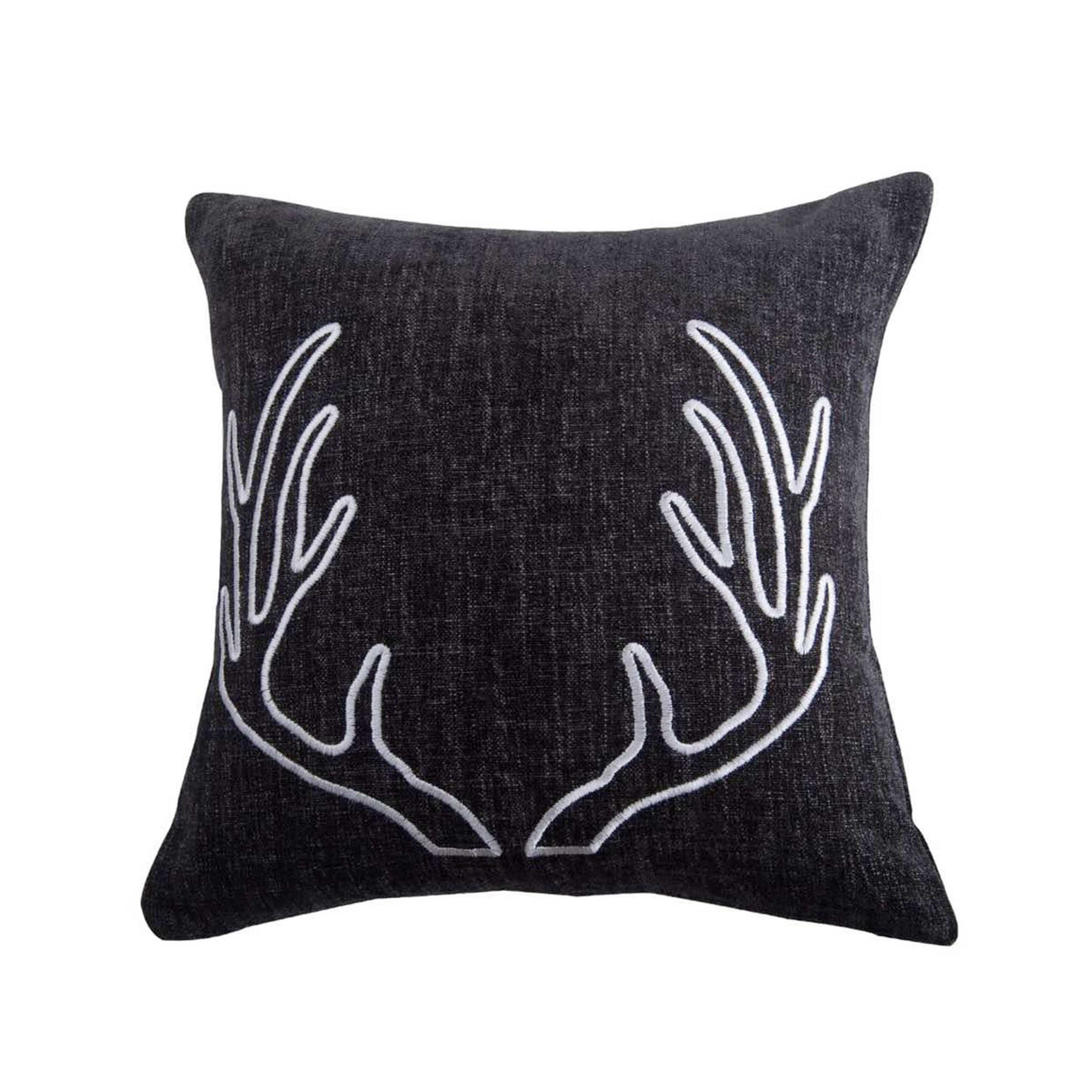 Hamilton Gray Chenille Embroidered White Antler Pillow styled for a transitional living room space.