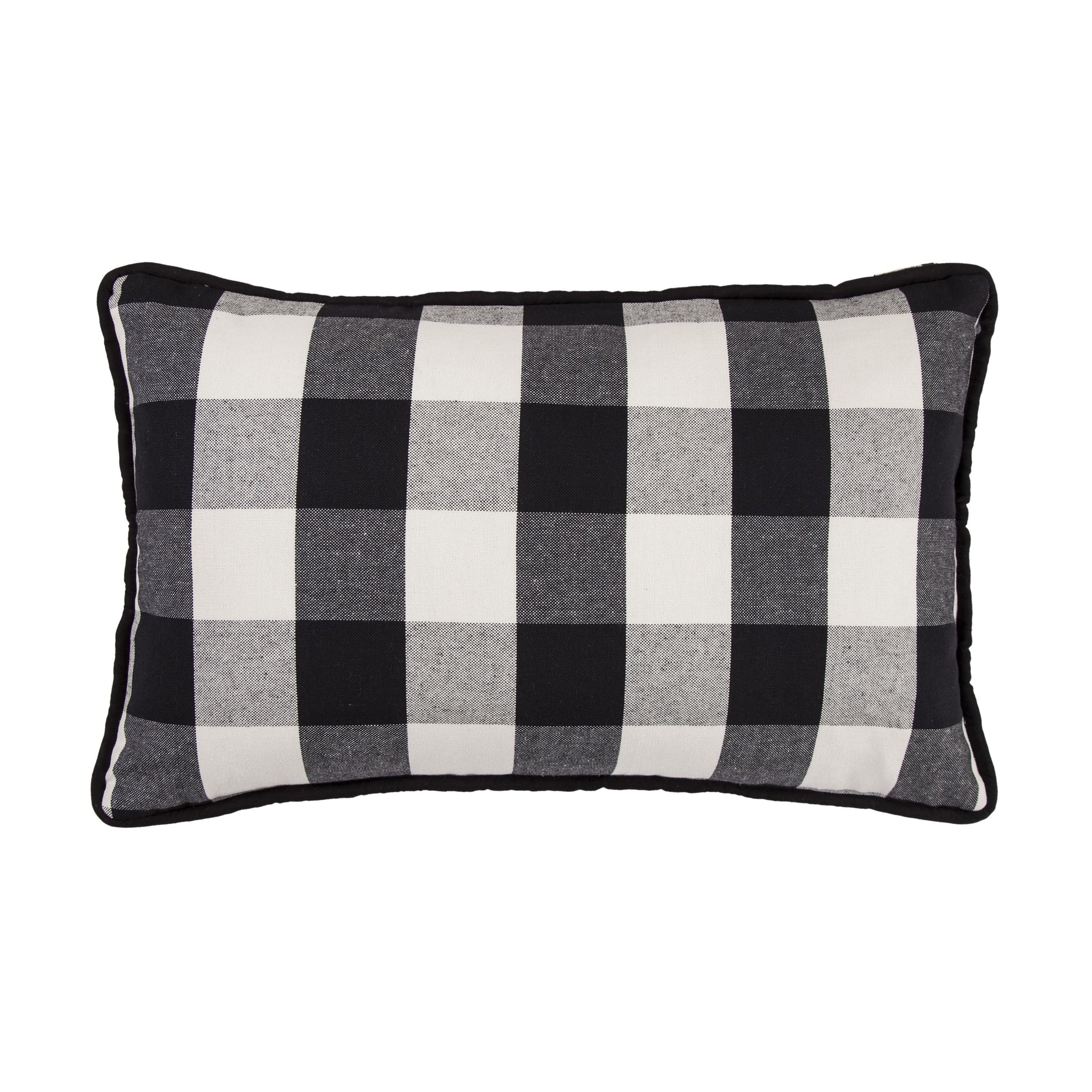 Blackberry Buffalo Check Lumbar Pillow styled for a farmhouse living room space.