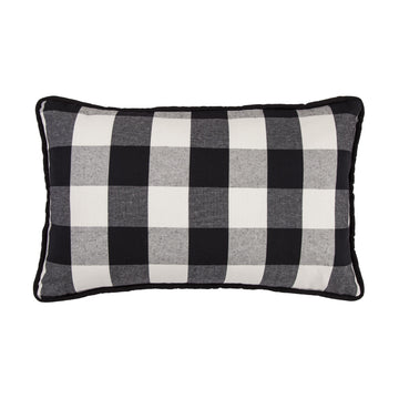 Blackberry Buffalo Check Lumbar Pillow styled for a farmhouse living room space.