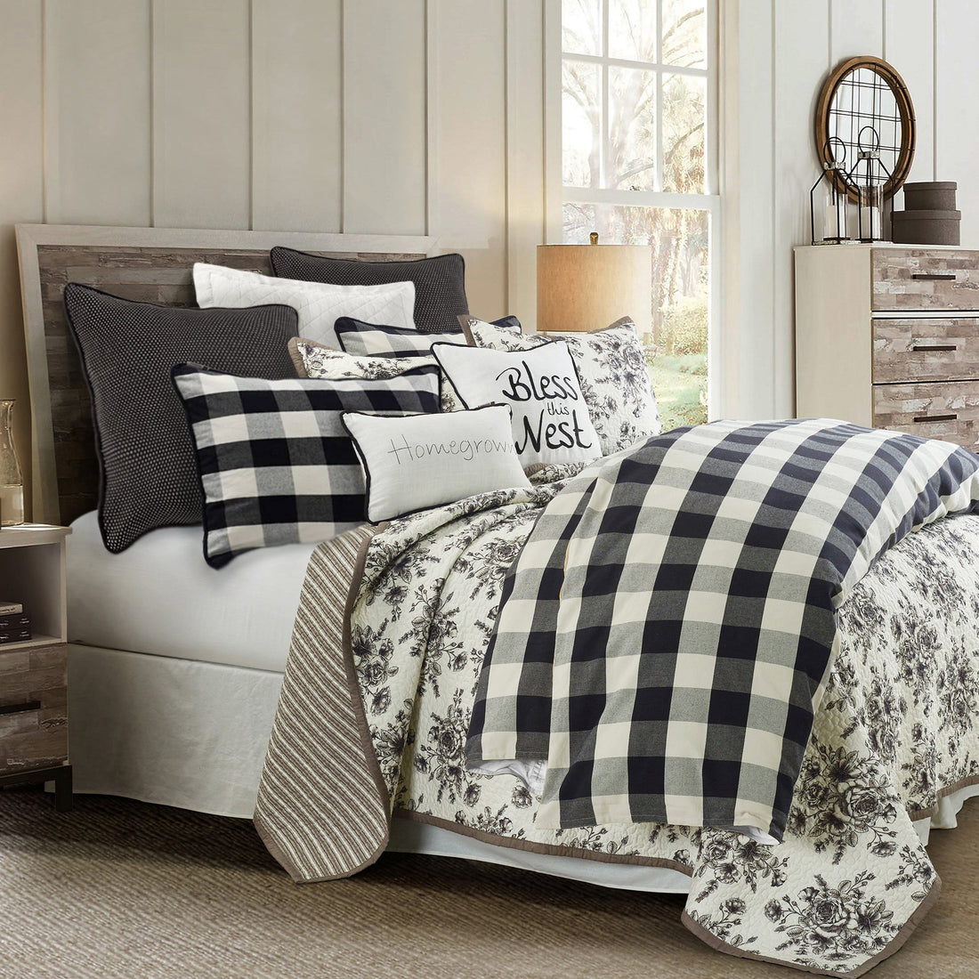 Camille Buffalo Check Comforter Set, Full styled for a farmhouse bedroom space.