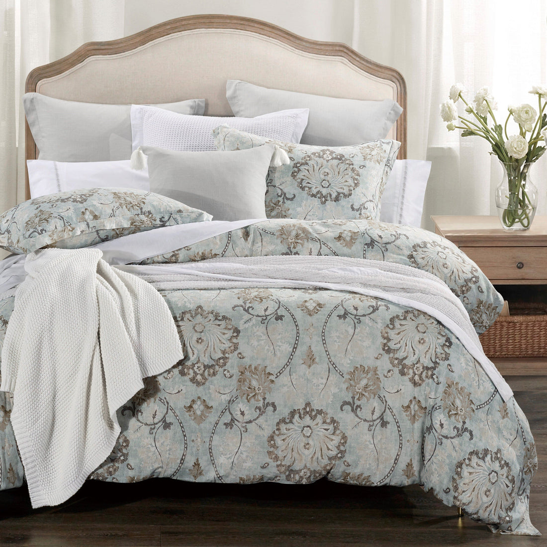 neutral-toned linen duvet cover in a classic contemporary bedroom setting