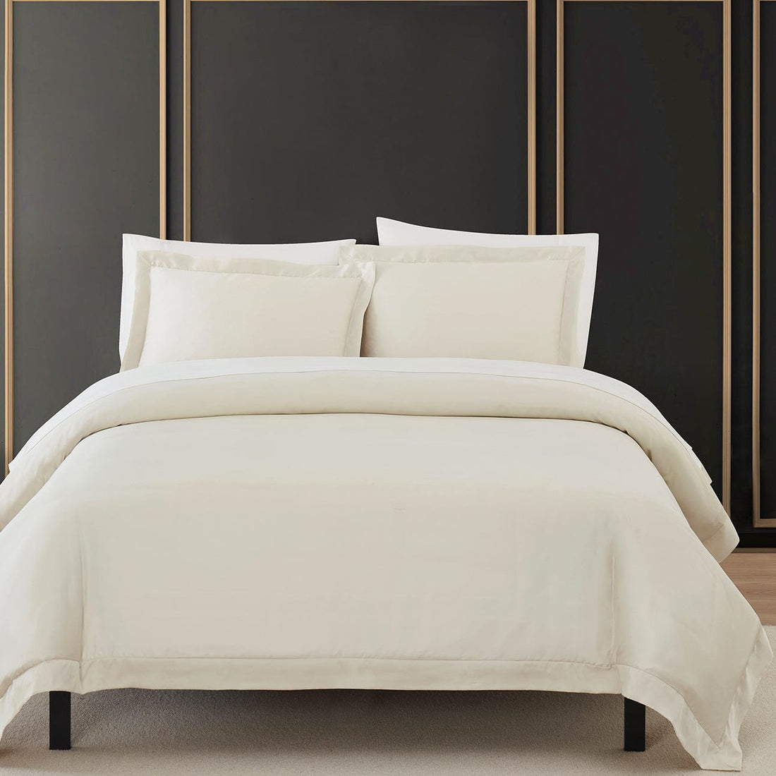 earth-toned textured duvet cover in a classic contemporary bedroom setting