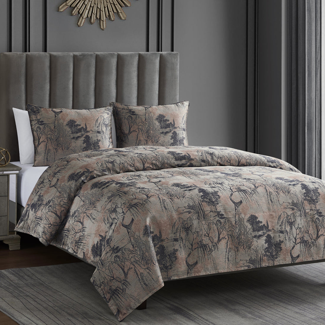 natural fabric comforter set in a farmhouse cozy bedroom setting