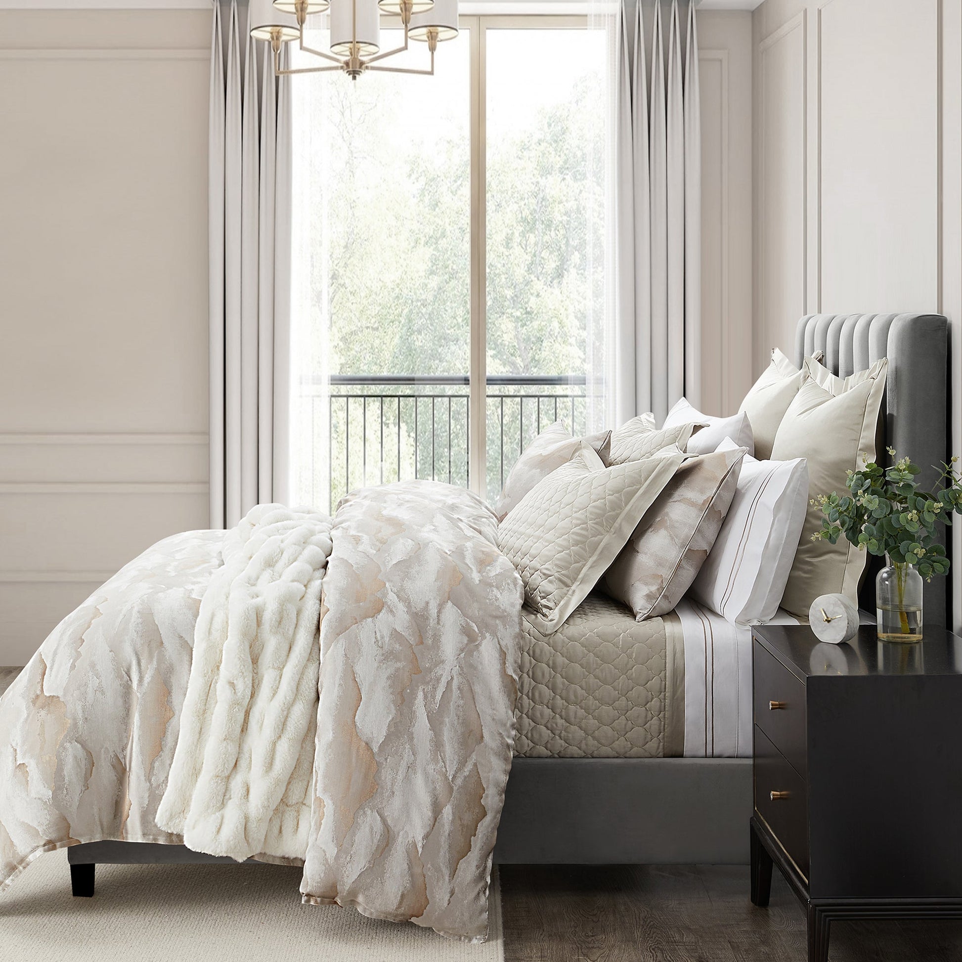 white brushed comforter set in a contemporary master bedroom setting
