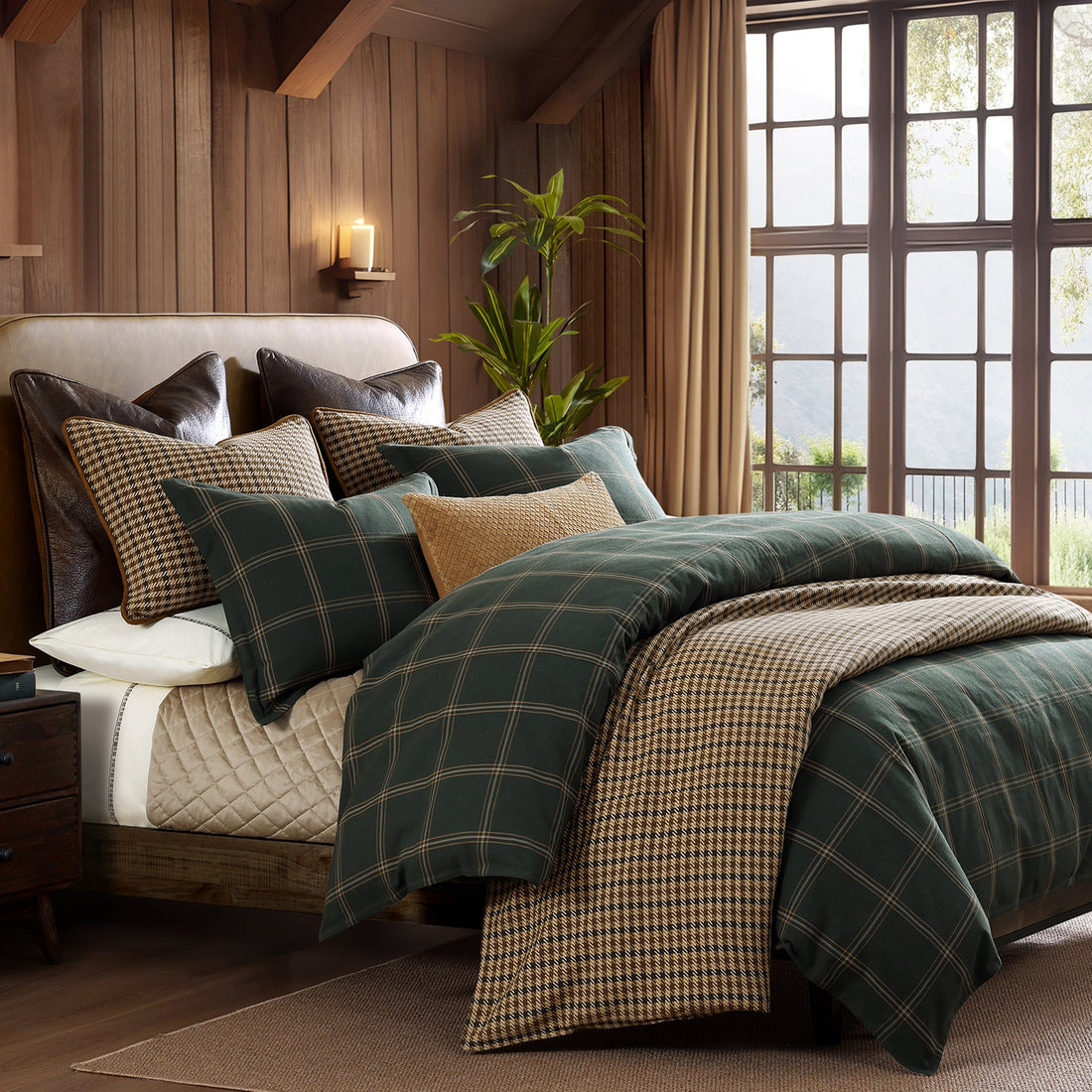 Windowpane Plaid Comforter Set, Full styled for a transitional bedroom space.