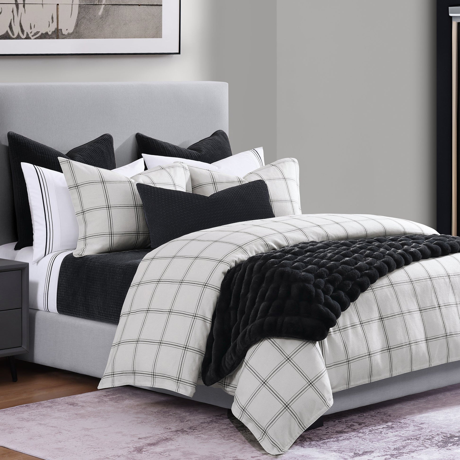 earth-toned textured comforter set in a elegant modern bedroom setting