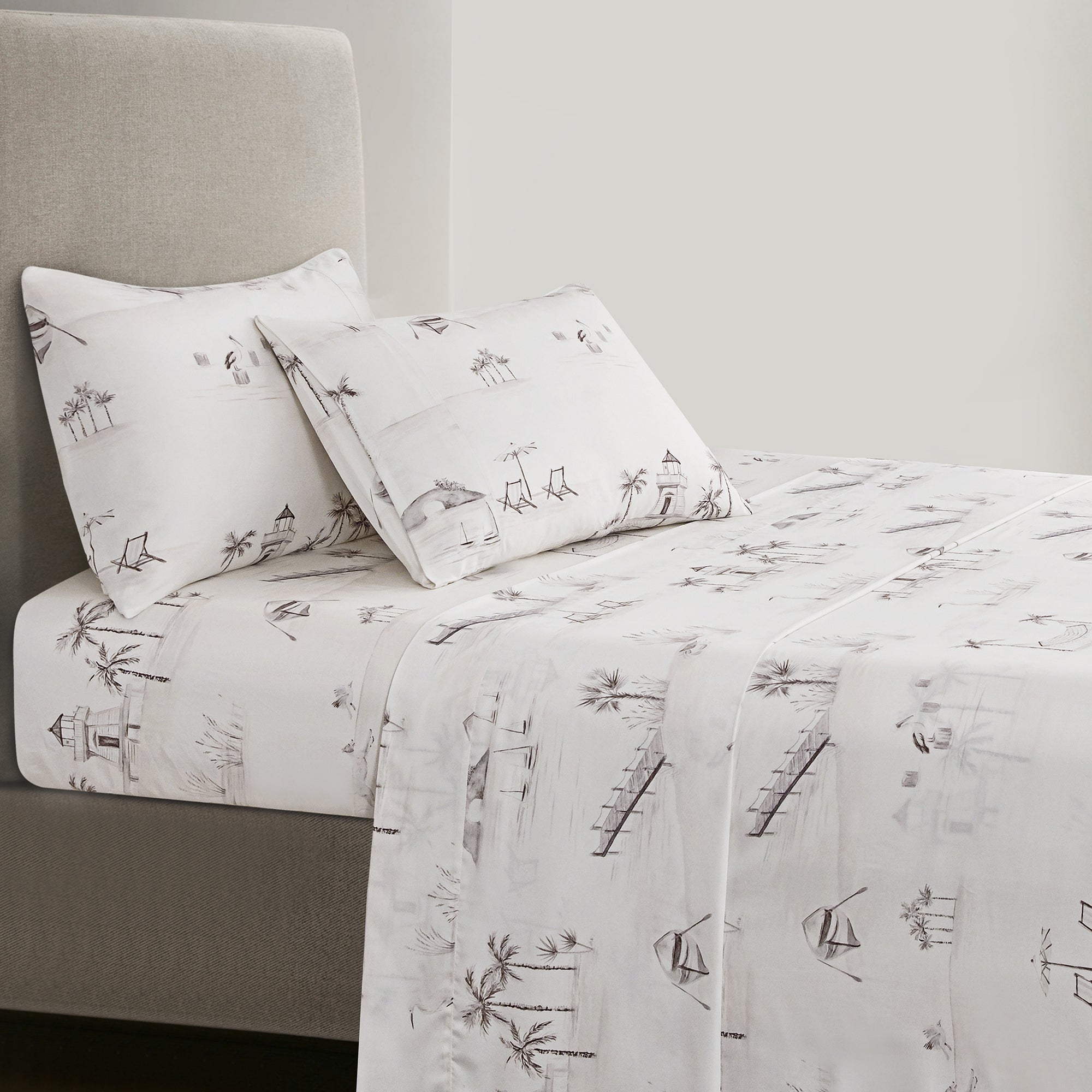 Seaside Eucalyptus Sheet Set - King styled for a transitional bedroom space.