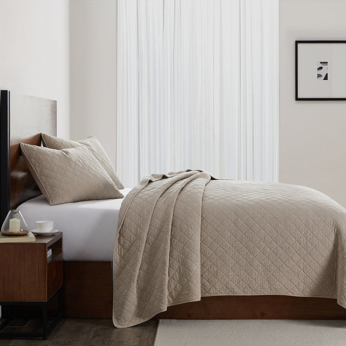 natural fabric quilt in a modern bedroom setting