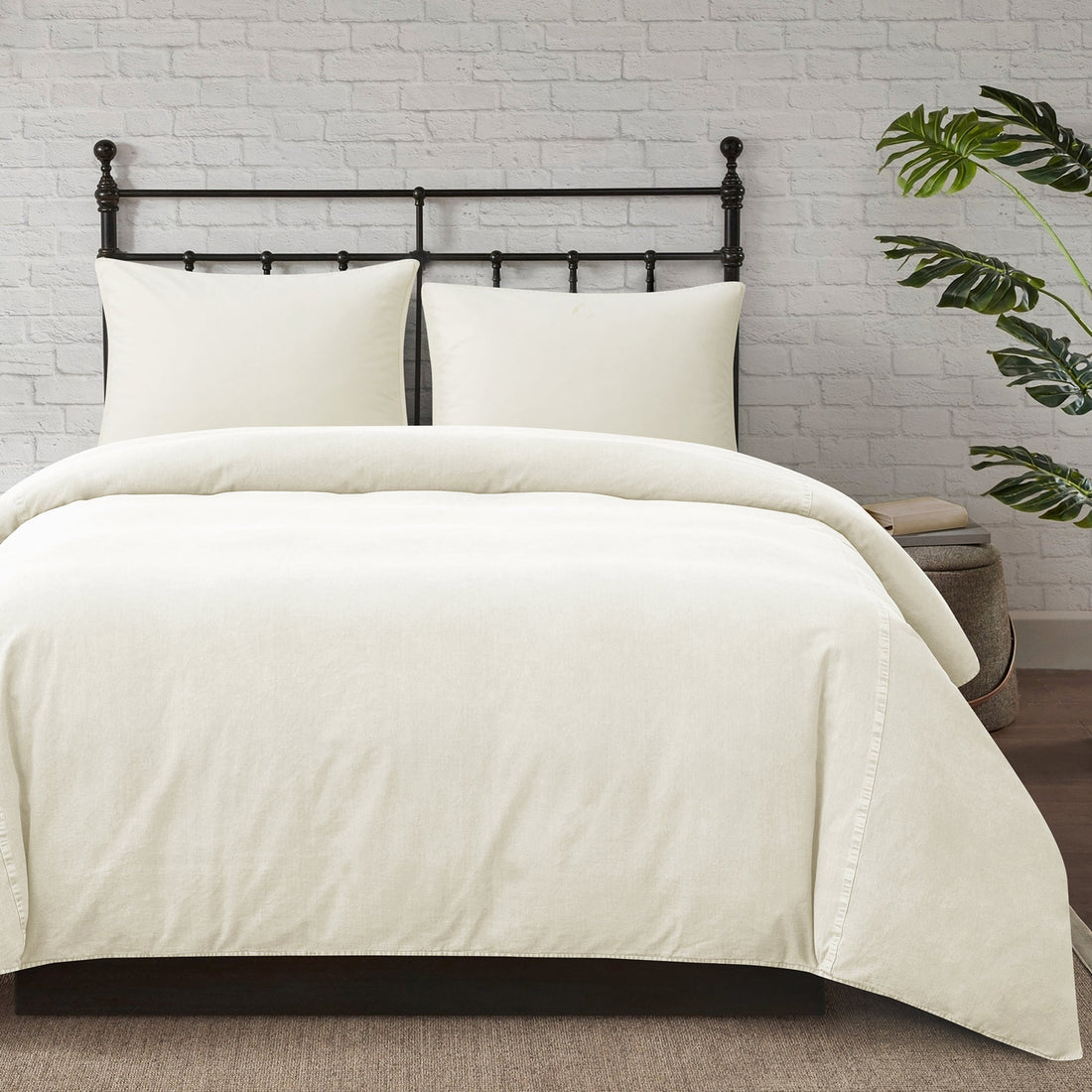 Stonewashed Cotton Canvas Duvet Cover Set - Twin styled for a vintage bedroom space.