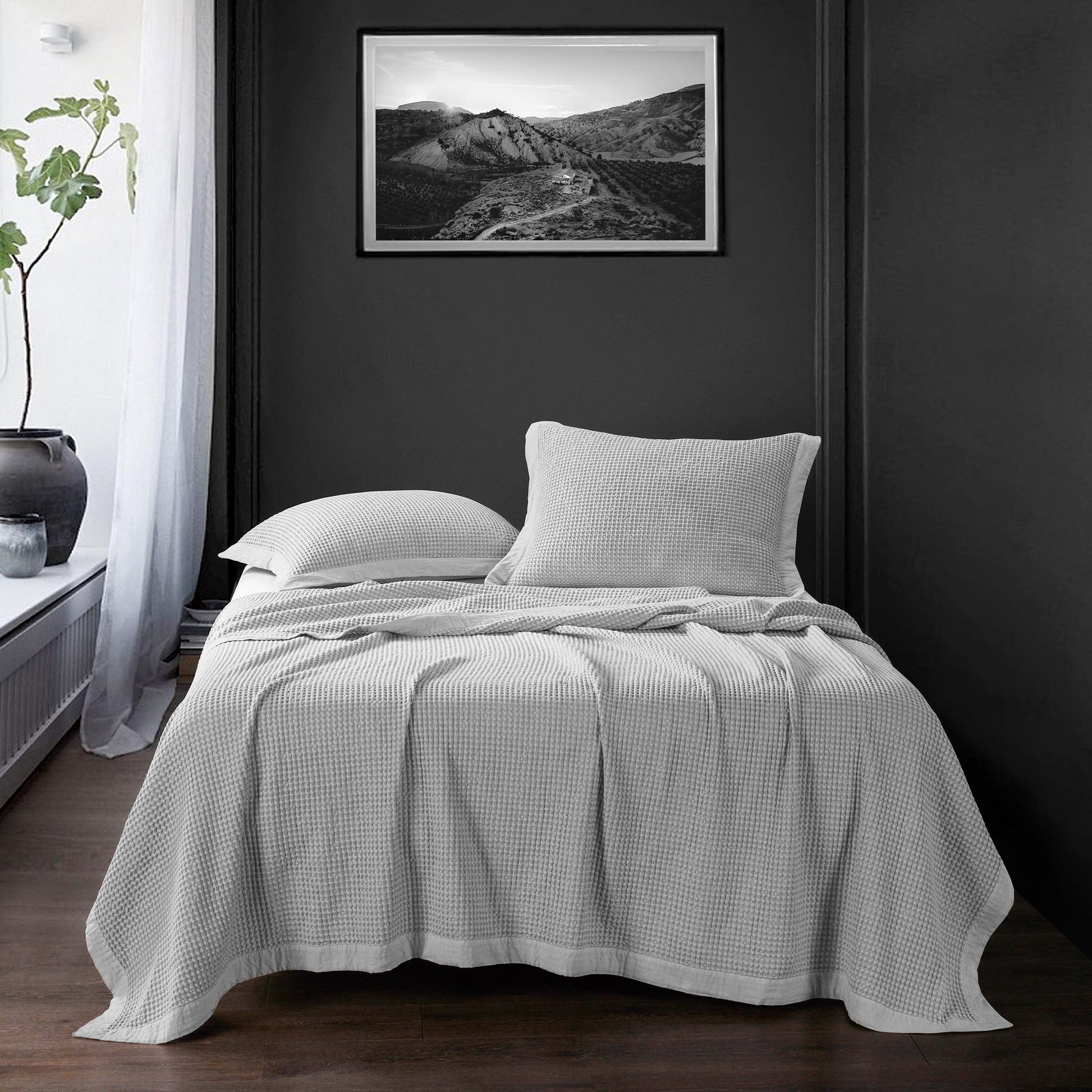cream woven home décor piece in a modern bedroom setting