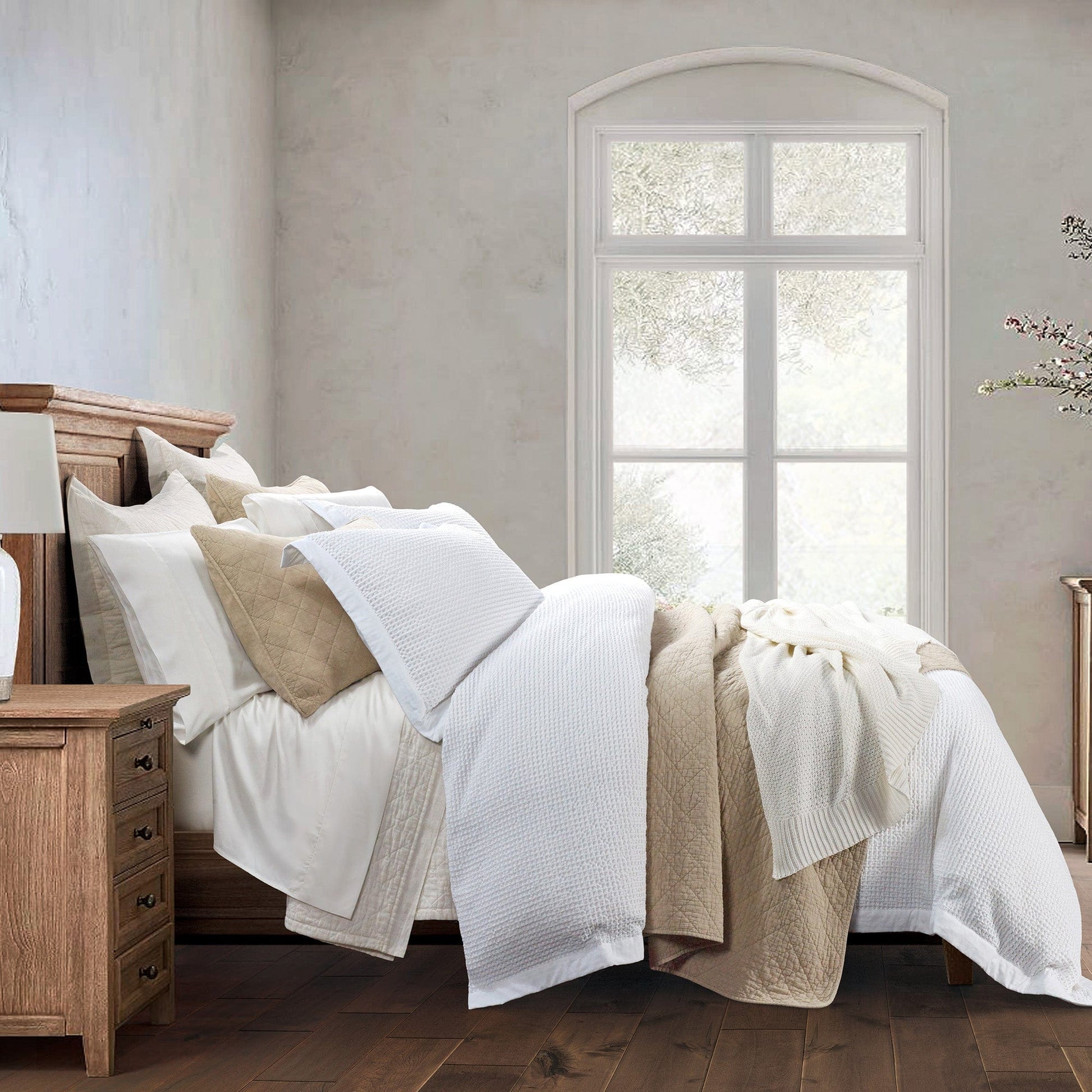 Stonewashed Cotton Waffle Weave Duvet Cover Set - Queen styled for a transitional bedroom space.