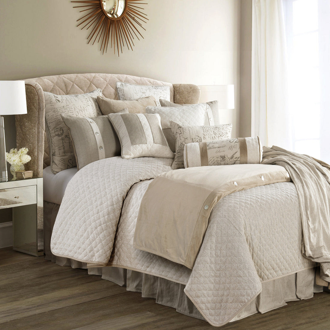 cream woven home décor piece in a contemporary master bedroom setting
