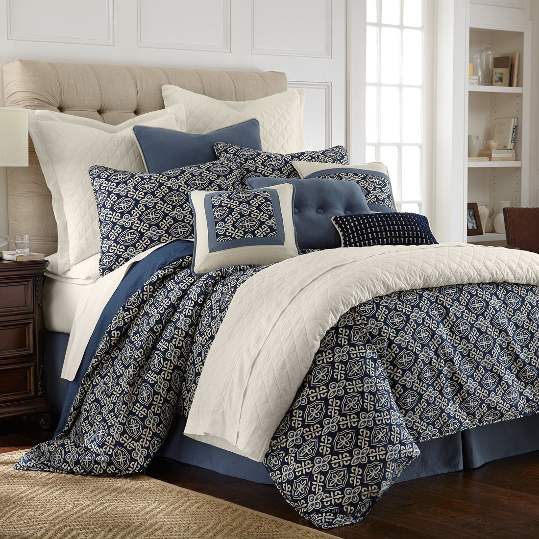 cream woven duvet cover in a minimalist guest room setting