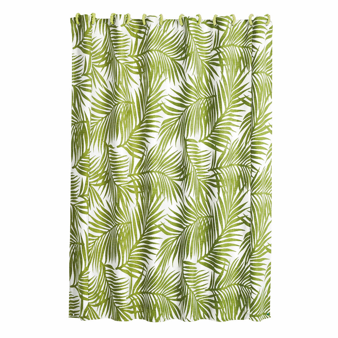 cream woven shower curtain in a modern bedroom setting