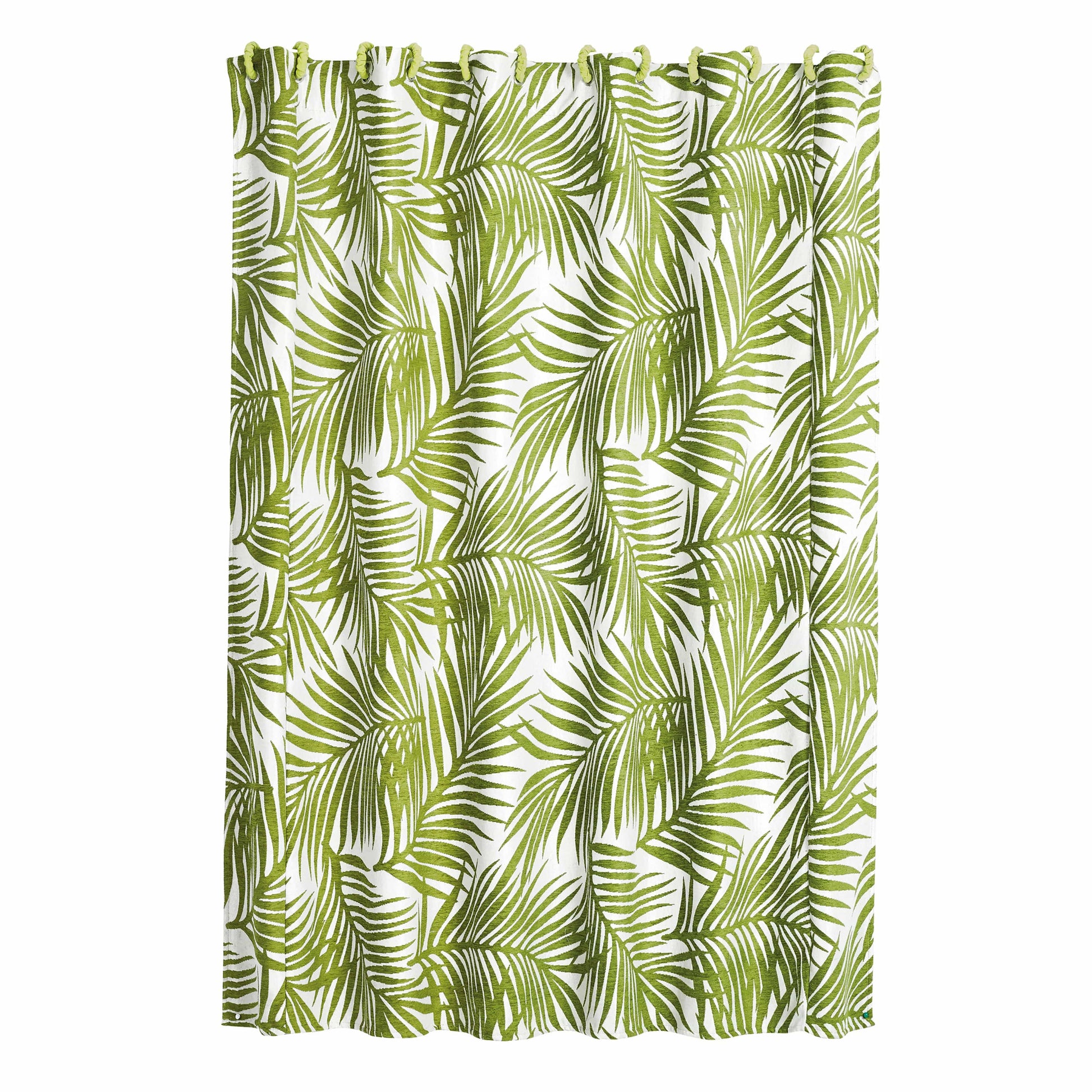 cream woven shower curtain in a modern bedroom setting