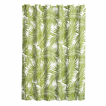cream woven shower curtain in a modern bedroom setting
