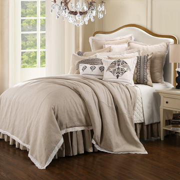 white brushed comforter set in a farmhouse cozy bedroom setting