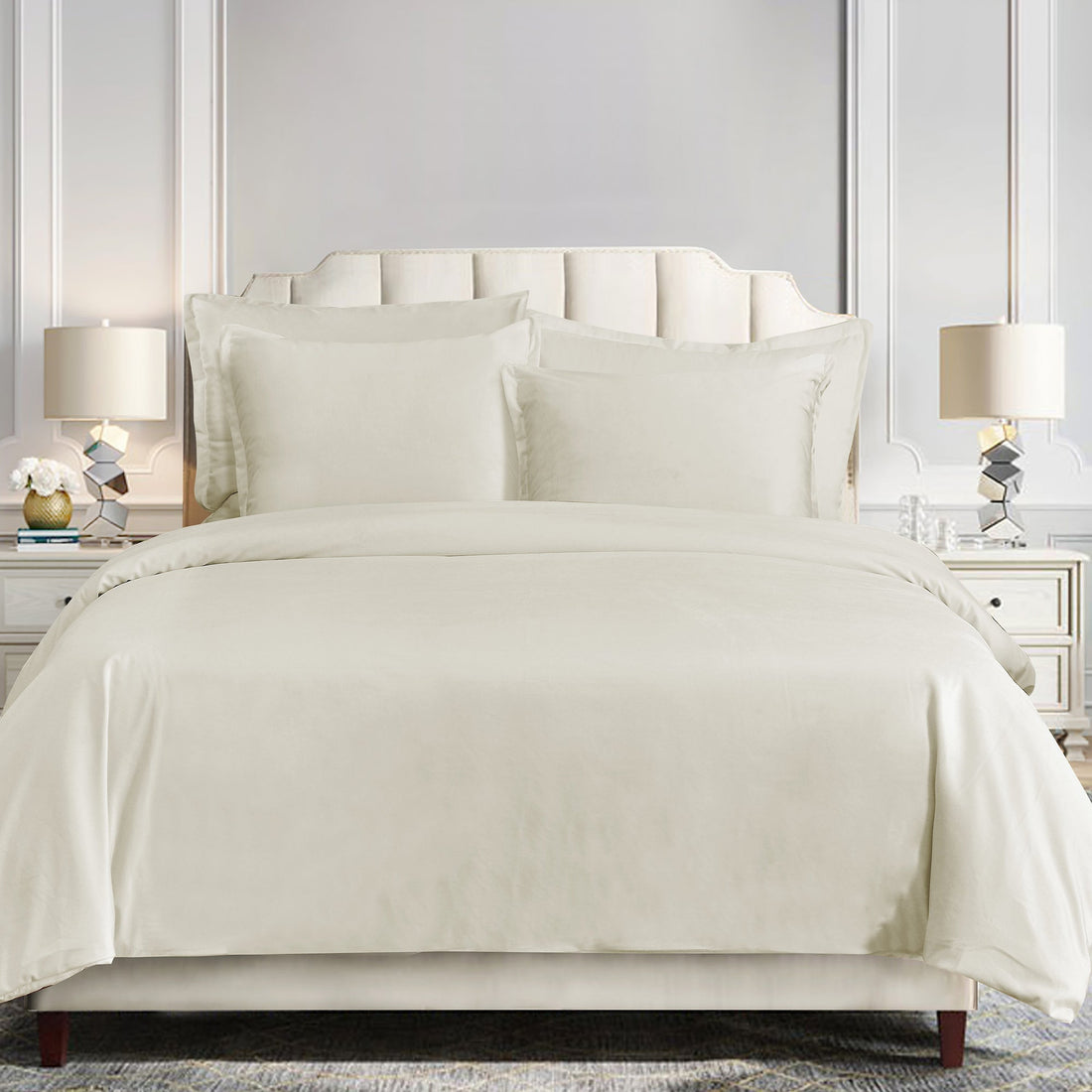 cream woven duvet cover in a farmhouse cozy bedroom setting
