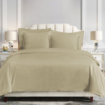 cream woven duvet cover in a farmhouse cozy bedroom setting
