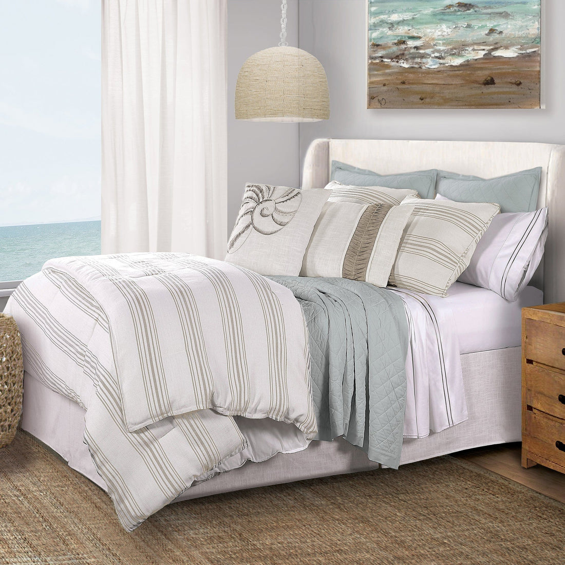 cream woven comforter set in a refined living room setting
