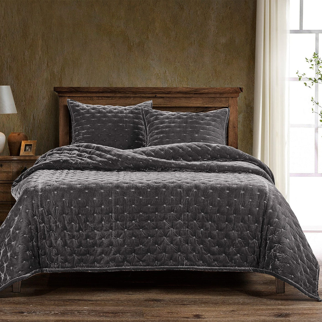 natural fabric quilt in a contemporary master bedroom setting