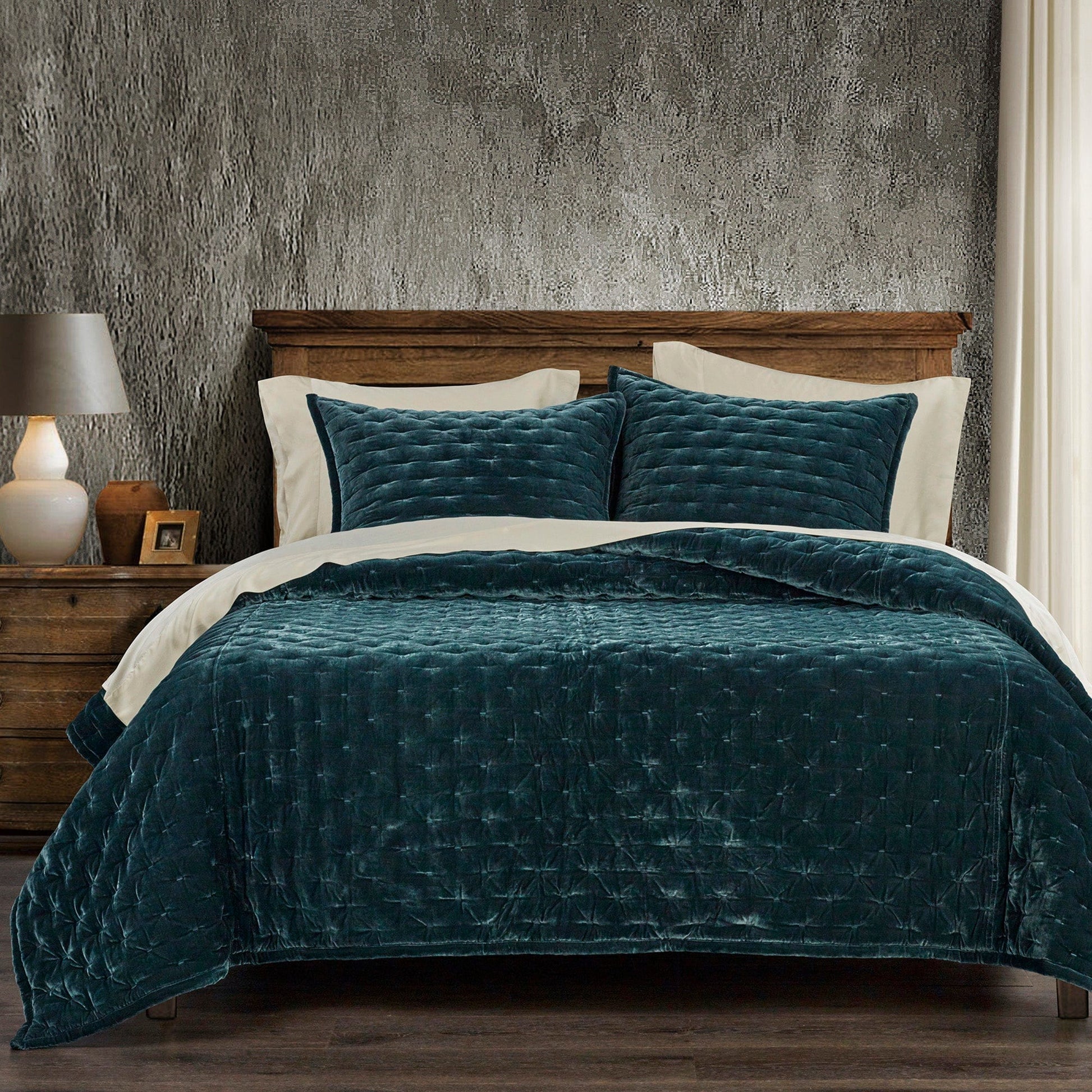 natural fabric quilt in a contemporary master bedroom setting