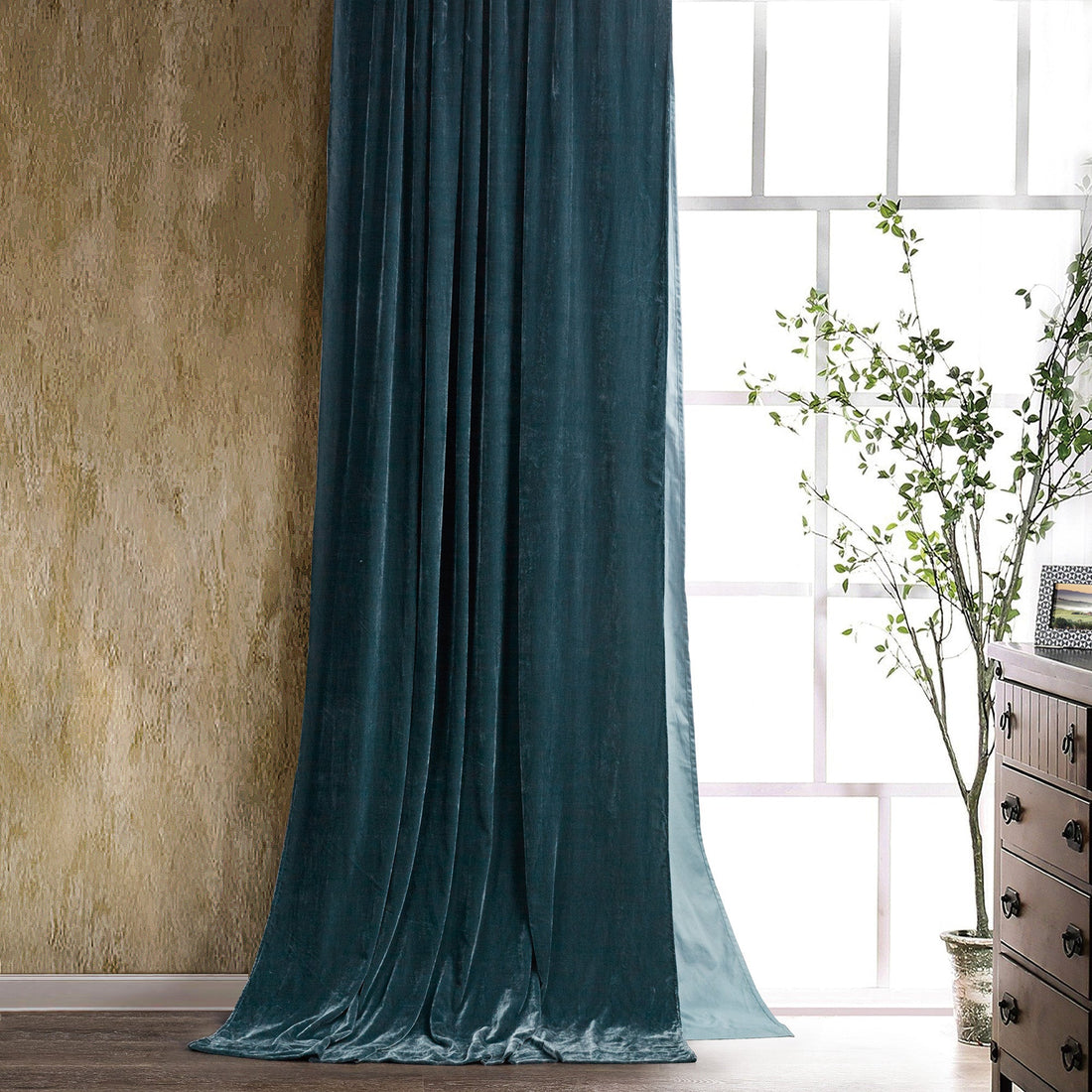 warm-toned plush curtain panel in a classic contemporary bedroom setting
