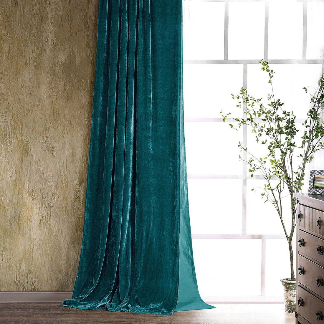 warm-toned plush curtain panel in a classic contemporary bedroom setting