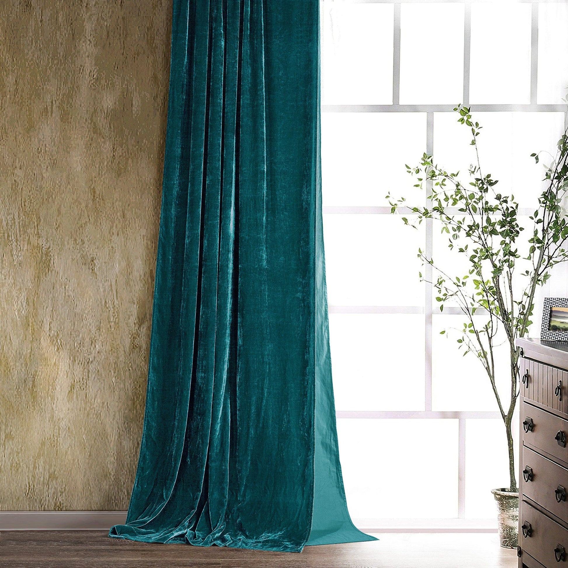 warm-toned plush curtain panel in a classic contemporary bedroom setting