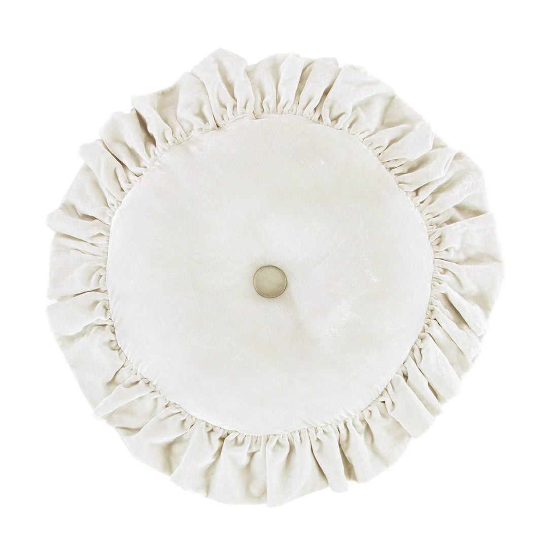 Stella Faux Silk Velvet Ruffled Round Pillow styled for a transitional living room space.
