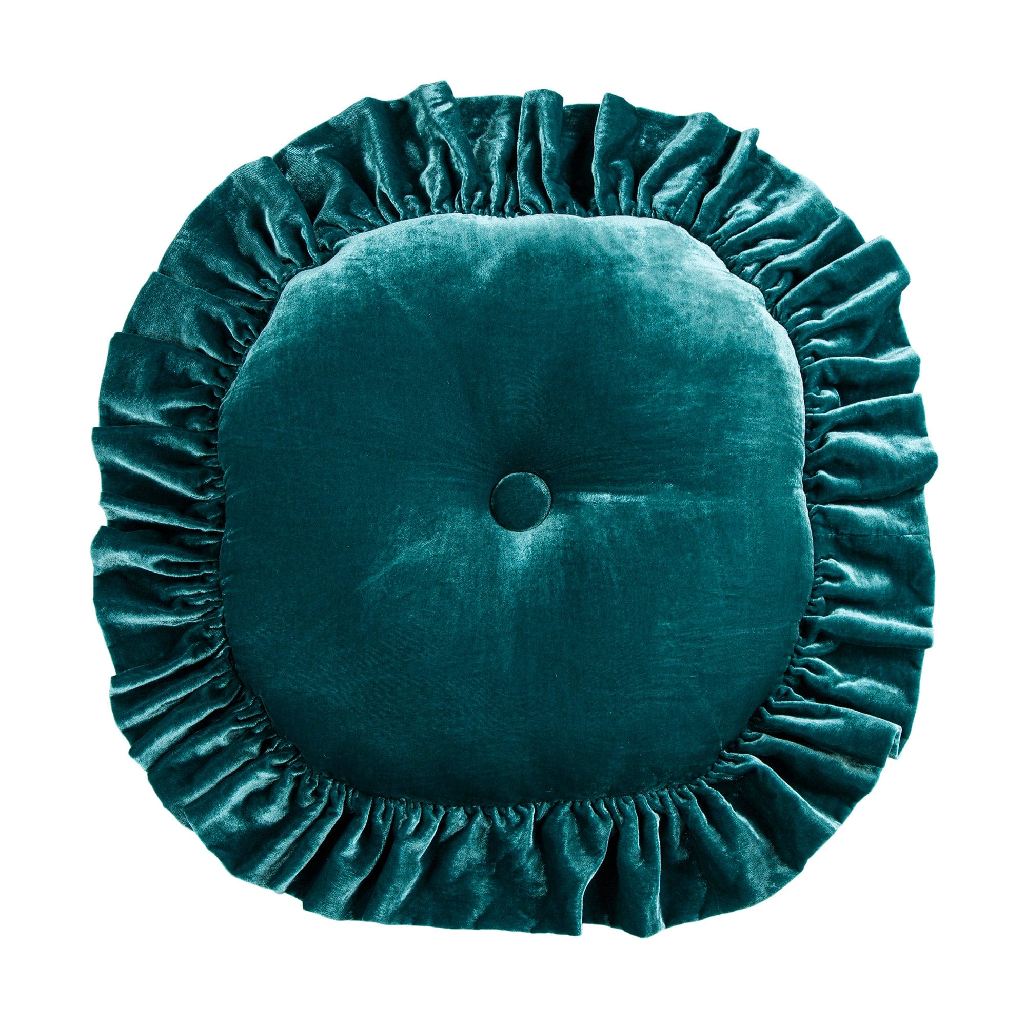 Stella Faux Silk Velvet Ruffled Round Pillow styled for a transitional living room space.