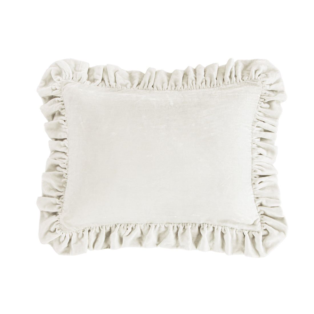 Stella Faux Silk Velvet Ruffled Oblong Pillow styled for a transitional living room space.