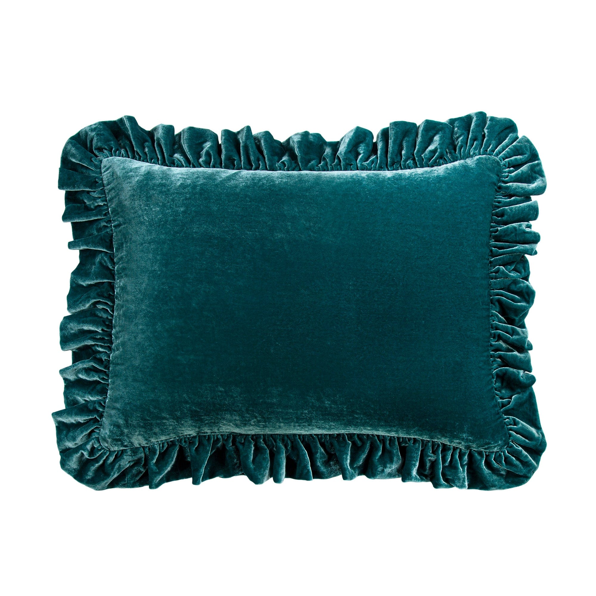 Stella Faux Silk Velvet Ruffled Oblong Pillow styled for a transitional living room space.