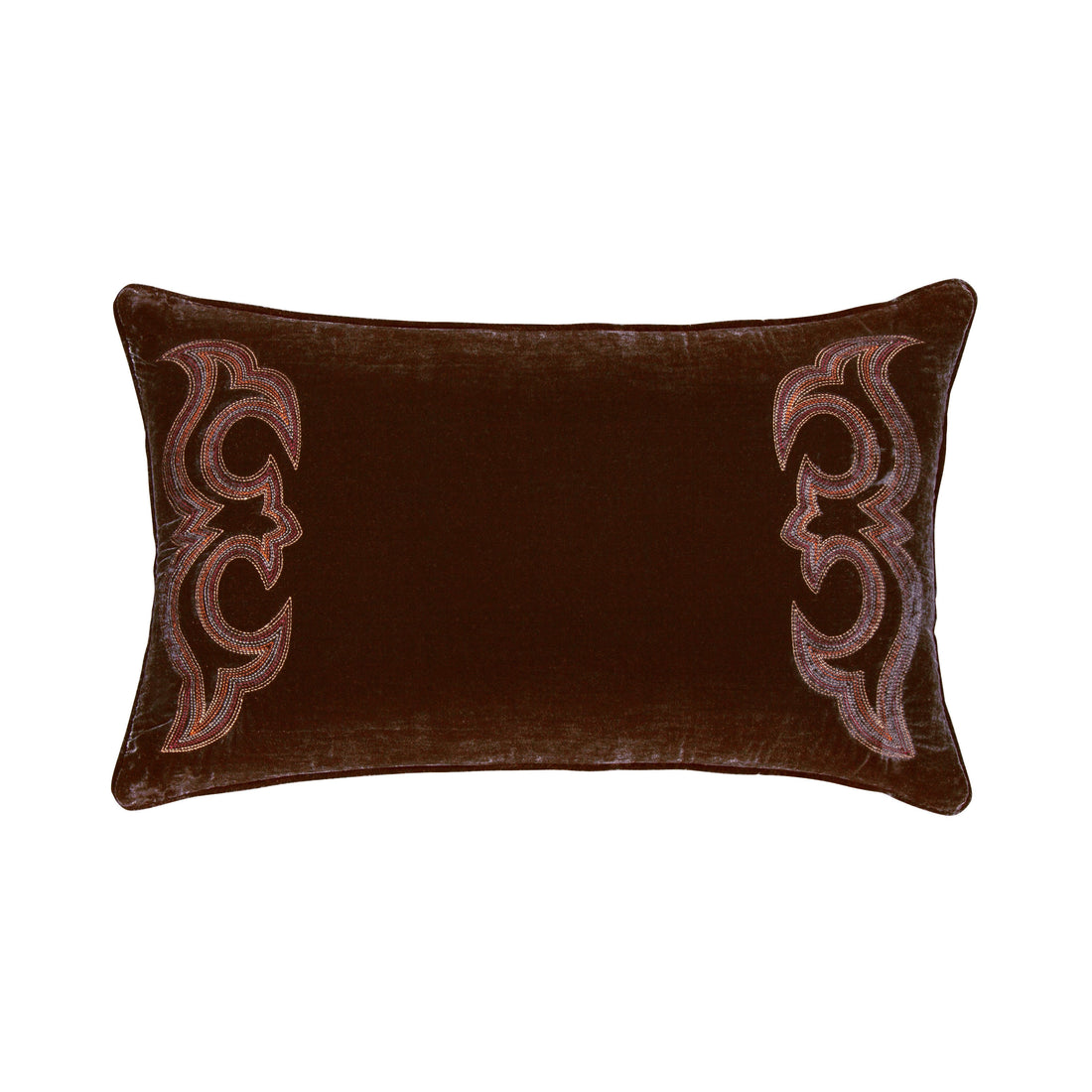 Stella Boot Stitch Faux Silk Velvet Lumbar Pillow styled for a southwestern living room space.