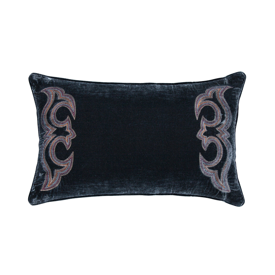 Stella Boot Stitch Faux Silk Velvet Lumbar Pillow styled for a southwestern living room space.