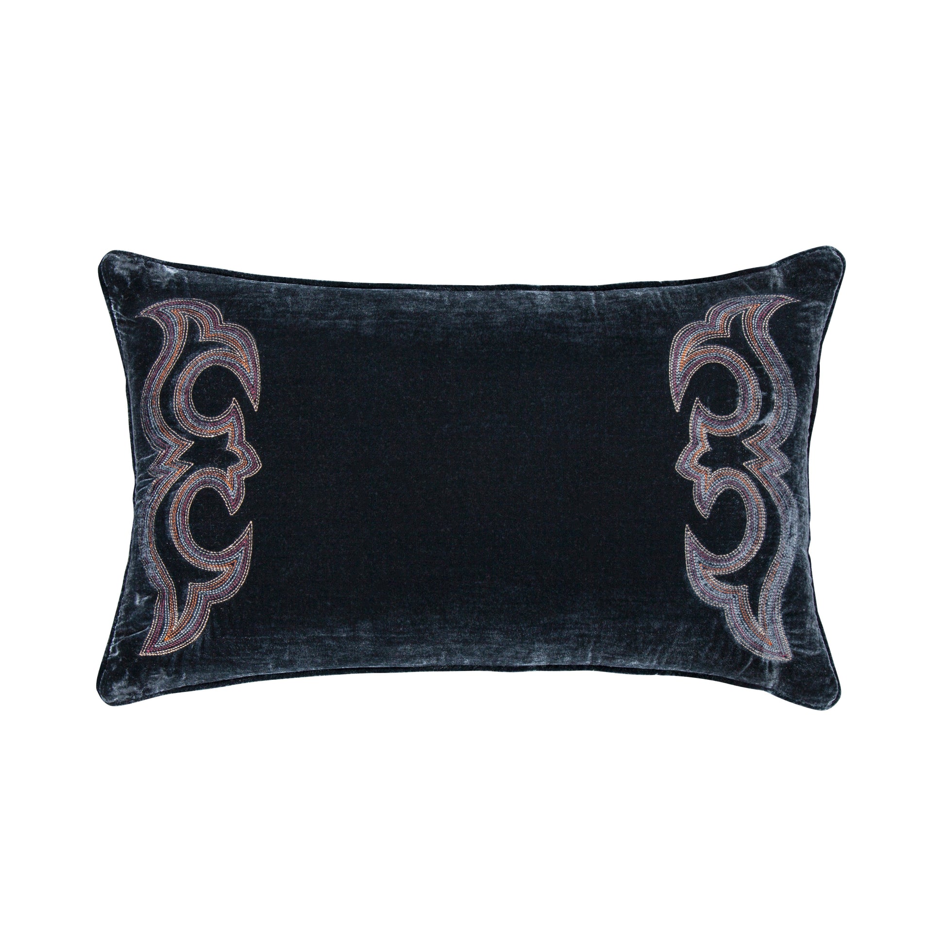 Stella Boot Stitch Faux Silk Velvet Lumbar Pillow styled for a southwestern living room space.