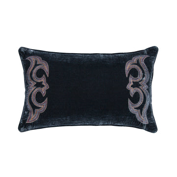 Stella Boot Stitch Faux Silk Velvet Lumbar Pillow styled for a southwestern living room space.