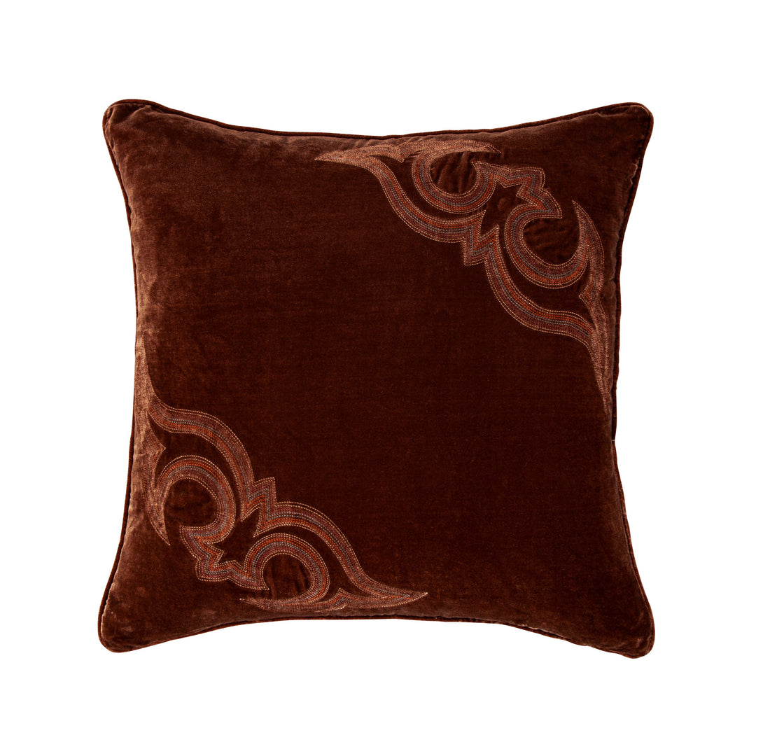 Stella Boot Stitch Faux Silk Velvet Pillow styled for a southwestern living room space.