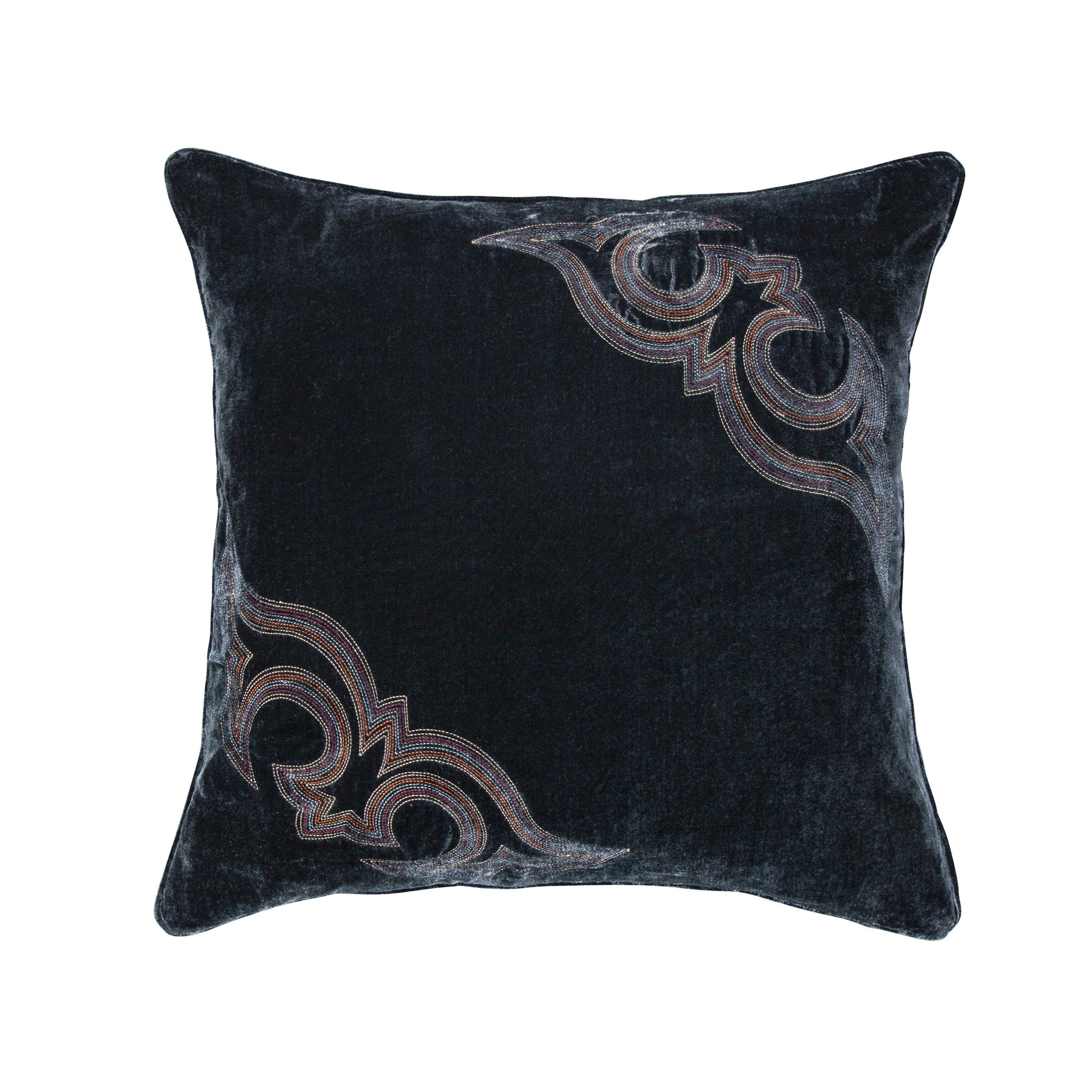 Stella Boot Stitch Faux Silk Velvet Pillow styled for a southwestern living room space.