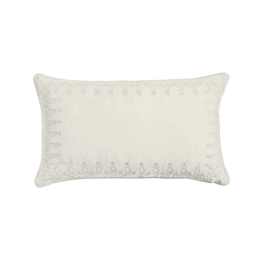 Stella Faux Silk Velvet Embroidered Lumbar Pillow styled for a transitional living room space.