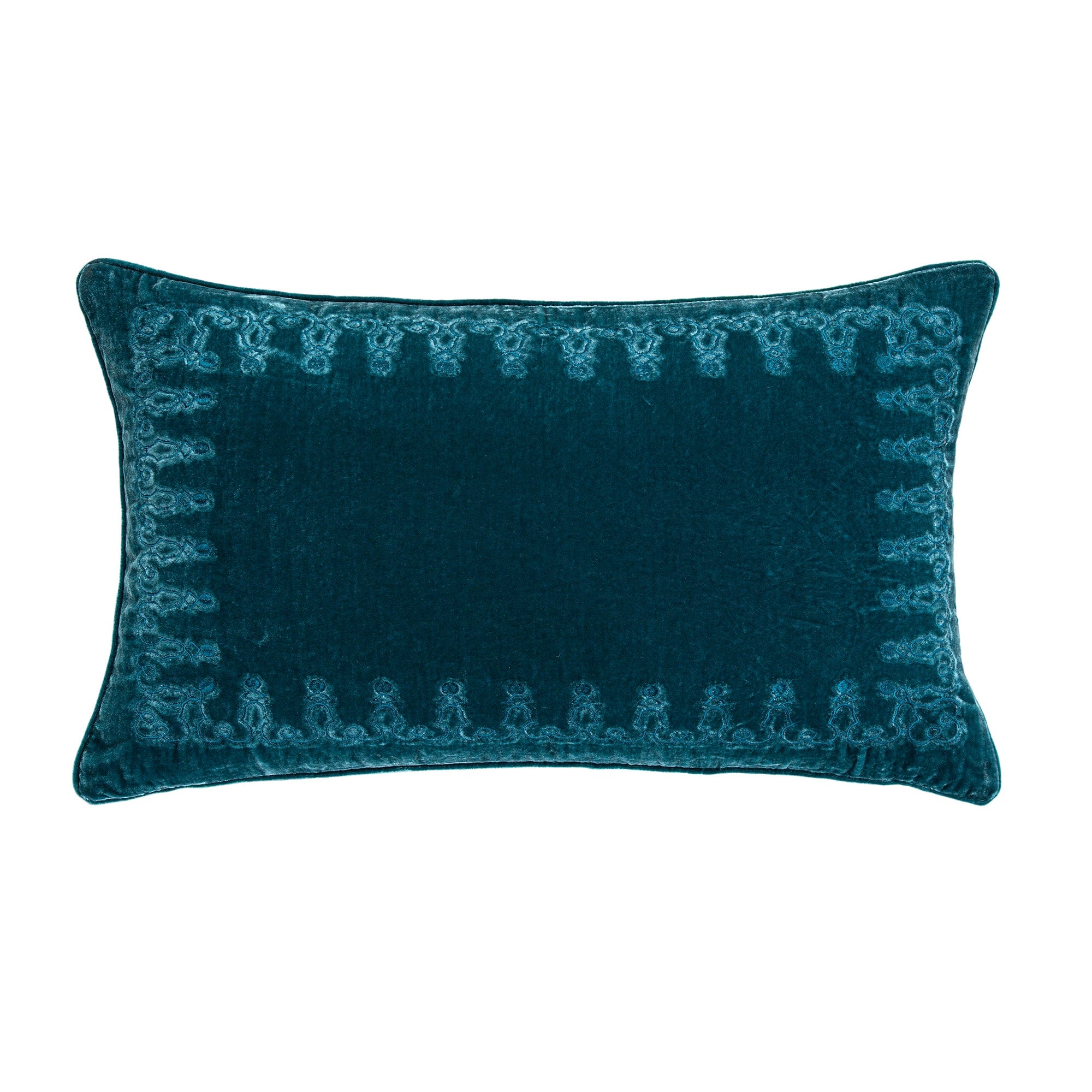 Stella Faux Silk Velvet Embroidered Lumbar Pillow styled for a transitional living room space.