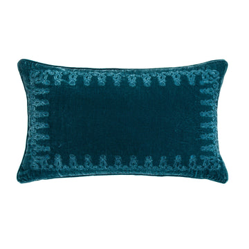 Stella Faux Silk Velvet Embroidered Lumbar Pillow styled for a transitional living room space.