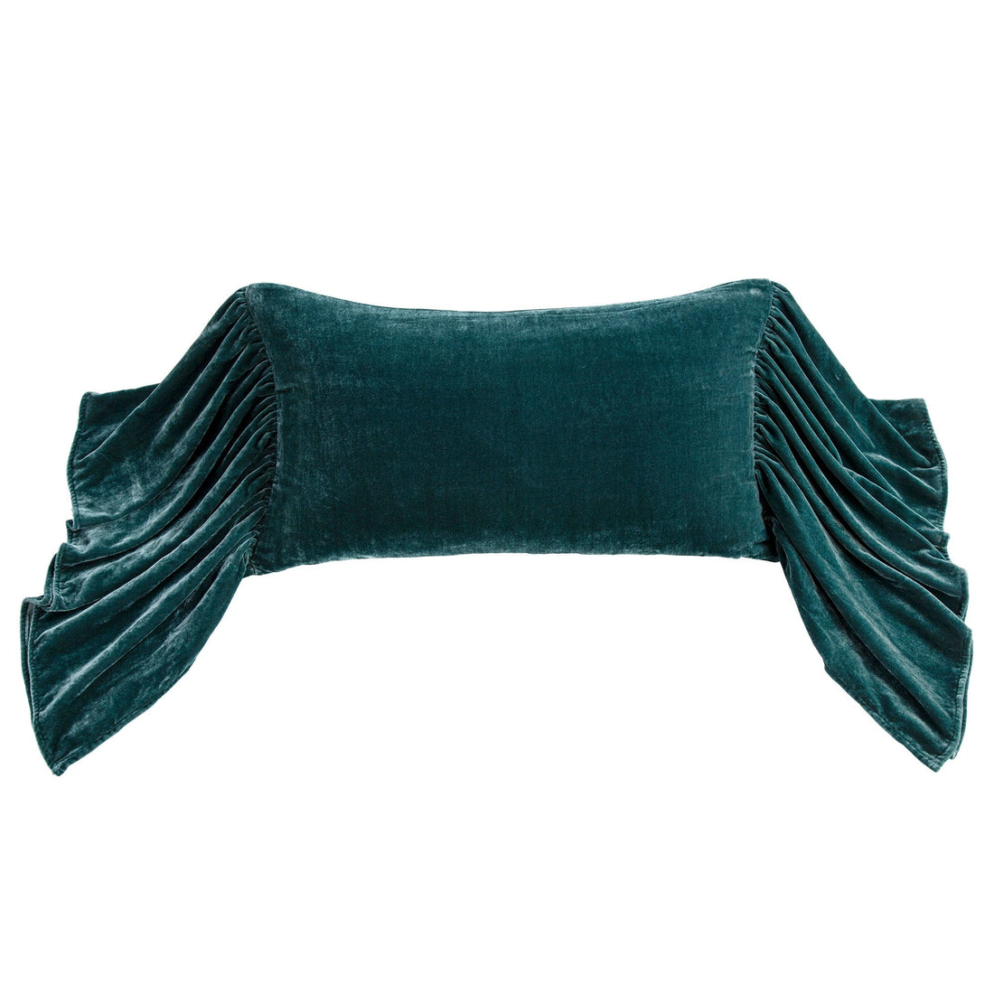 Stella Faux Silk Velvet Long Ruffled Pillow styled for a transitional living room space.