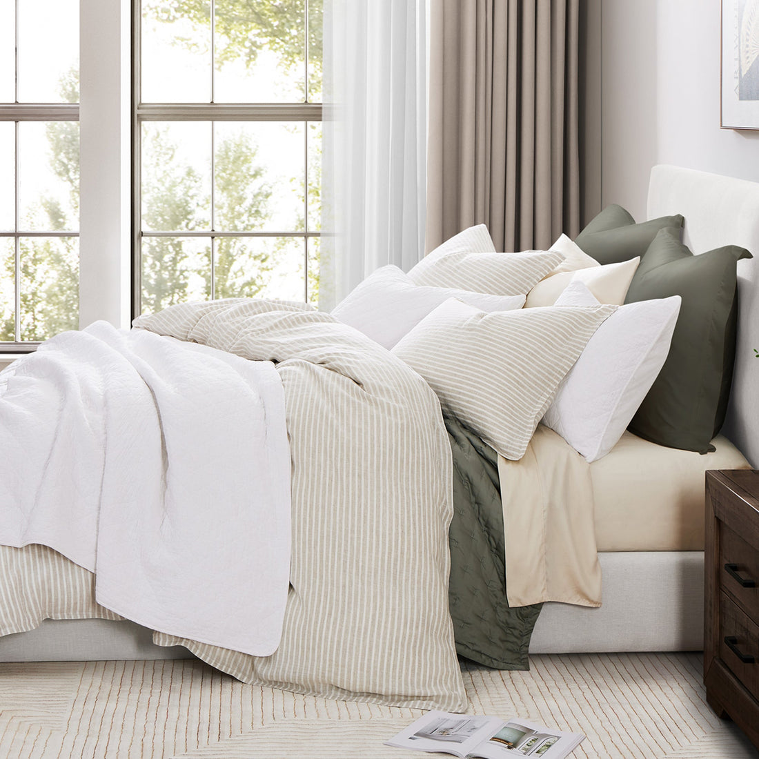 neutral-toned linen duvet cover in a modern bedroom setting